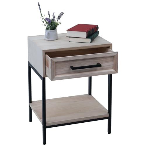 Mendler Nachttisch HWC-N91, Kommode Beistelltisch Nachtschrank Schrank, Schublade Shabby-Look Paulownia Holz 59x43x36cm - Natur