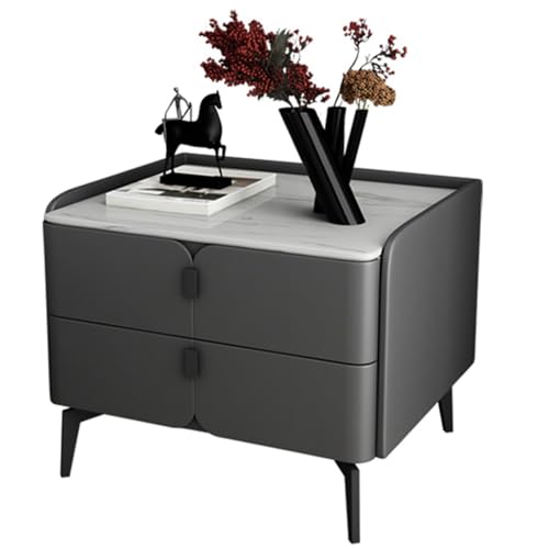 SAFWELAU Nachttisch Nachtkommode Schlafzimmermöbel Abgerundetes Doppelschubladen-Design PU-Leder-Finish Kleines Schließfach Arbeitsplatte aus Schiefer Füße aus mattem Metall 50x44x47cm