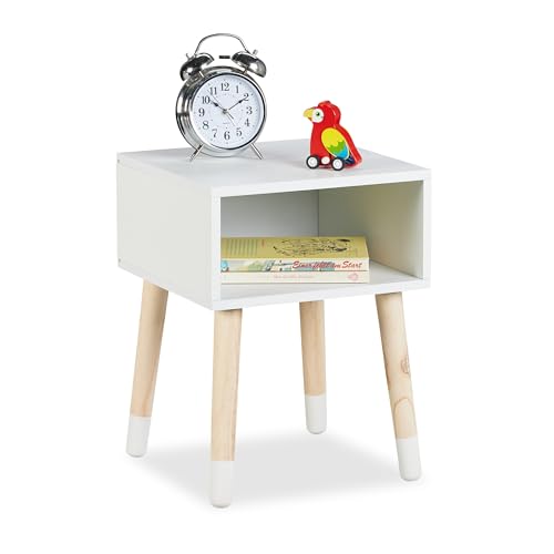Relaxdays Nachttisch Kinder, offenes Fach, HBT 40x30x30 cm, Kinderzimmer, Kinderkommode, 4 Beine, Holz & MDF, weiß/Natur