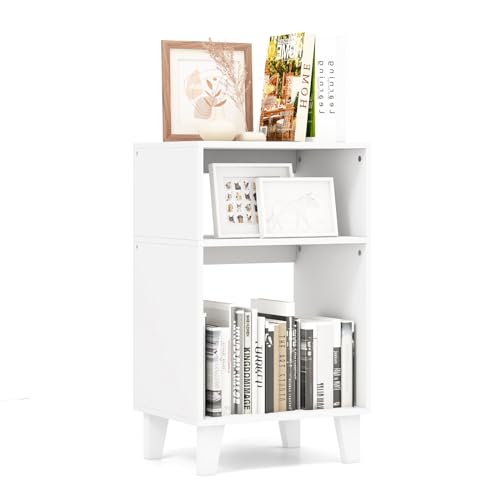 GYMAX 3-Etagen Beistelltisch, Nachttisch mit Regale & erhöhte Holzbeine, schmaler Sofatisch für Wohnzimmer & Schlafzimmer, weiß, 39,5 x 29,5 x 65 cm