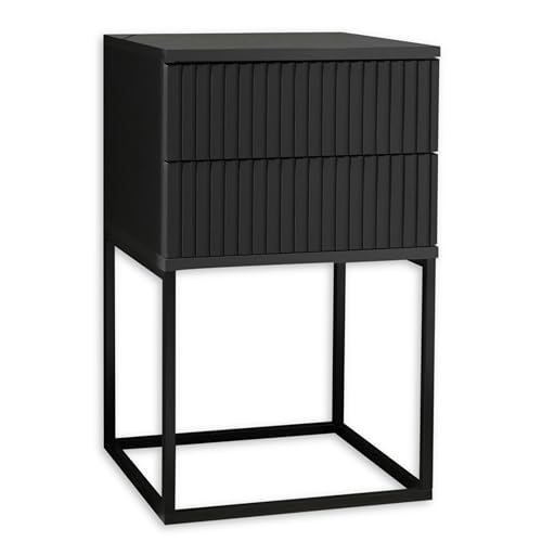 MARLE Nachttisch in Graphit - Moderner Nachtschrank mit Schubladen und schwarzem Metallgestell - 40 x 65 x 38,5 cm (B/H/T)