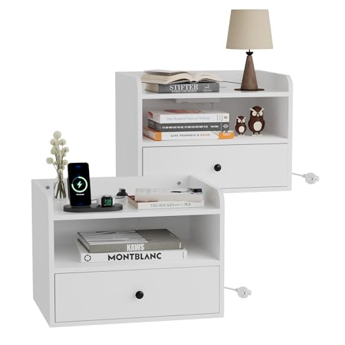 BonVache Nachttisch Hängend 2er Set, Nachttische Wandmontage mit Offener Raum und Schubladen, Steckdosen und Schnittstellen, Modern, für Wohnzimmer, Schlafzimmer, Weiß
