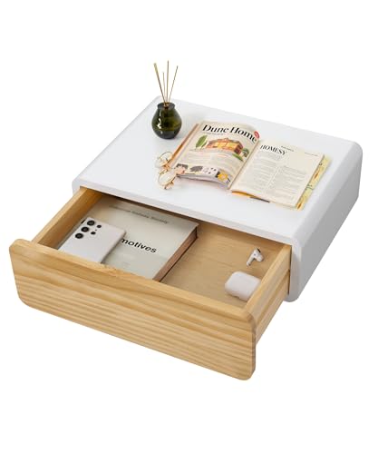 SUMGAR Nachttisch Hängend Weiß Holz mit Schublade Nachtschrank mit Abgerundeten Ecken Wandregal Klein Deko Aesthetic für Schlafzimmer Wohnzimmer Küche Kinderzimmer