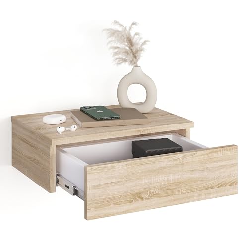 KOMTO Wandregal Schublade Sonoma   Hängend Wandmontage Wandschublade Nachtschrank Hängend | Monaco 46 x 30 x 15 cm