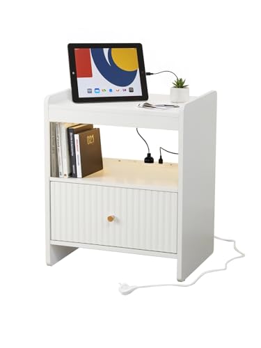 EOSVALO Nachttisch mit LED-Beleuchtung und Ladestation, Moderner Beistelltisch Holz mit 1 Schubladen,Nachttisch mit USB-Ports und Steckdosen,für Wohnzimmer Schlafzimmer