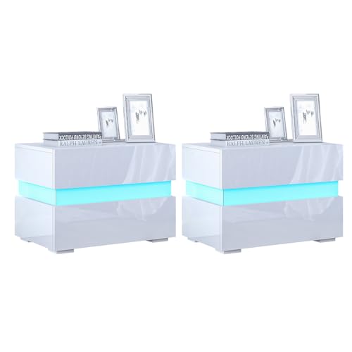 Komtopod 2er Set Weiß Nachttisch Moderner LED Licht Nachtschrank Hochglanz Nachttische Beistelltisch mit 2 Schubladen für Schlafzimmer
