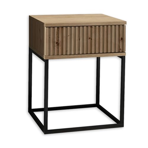 MARLE Nachttisch in Artisan Eiche Optik - Moderner Nachtschrank mit Schublade und schwarzem Metallgestell - 40 x 52 x 38,5 cm (B/H/T)