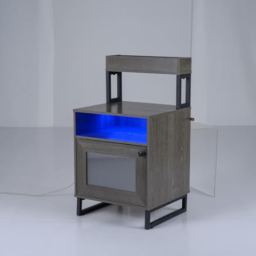 KOMFOTTEU Nachttisch mit LED-Lichtern, Beistelltisch mit 4 Ebenen, Sofatisch mit offenem Regal und Schrank, Nachtschrank mit Metallbeinen für Schlafzimmer, Wohnzimmer, 45 x 40 x 80 cm (Grau)