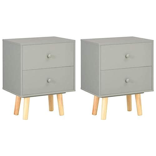 SDWEHO7 2er Set Nachtschrank mit 2 Schublade, Nachttisch im Skandinavischem Stil, Telefontisch, Beistelltisch für Schlafzimmer und Wohnzimmer, Lampentisch, Grau 40 x 30 x 50 cm Kiefer Massivholz