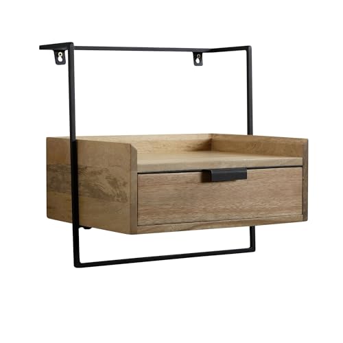 FineBuy Nachtkonsole für Wandmontage 44x45x35 cm Mango Massivholz Braun, Nachttisch mit Schublade, Wandboard Schwebend für Boxspringbett, Nachtschrank Nachtkästchen Hängend