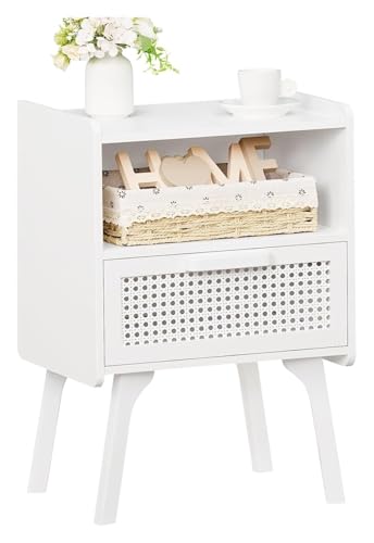 Rattan-Nachttisch, Boho-Beistelltisch mit Schublade, offenes Regal, Stangen-Akzent, Nachttisch mit Massivholzbeinen für Schlafzimmer (weiß)