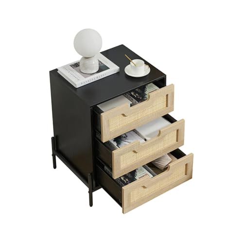 Garvee Nachttisch Rattan Beistelltisch mit 3 Schubladen Nachtkommode Nachtschrank Platzsparender Nachttisch für Wohnzimmer Schlafzimmer Arbeitszimmer 48 x 40 x 64 cm Schwarz