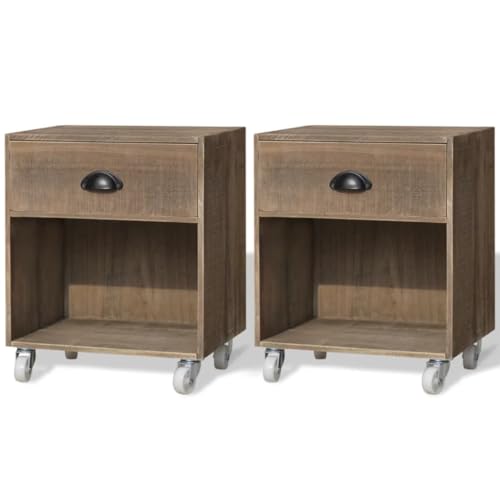 HETFTJN Nachttisch Set 2er Massivholz Braun 38x31,5x46,5 cm mit Rollen und Schublade Kleiner Beistelltisch Modernes Design für Schlafzimmer Wohnzimmer Flur