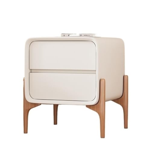 IROEJT Moderner Beistelltisch/Nachttisch mit 2 Schubladen, Massivholzfüßen, kleine Kommode aus Leder für Schlafzimmer und Wohnzimmer?Off White 17.7x15.7x19.7in