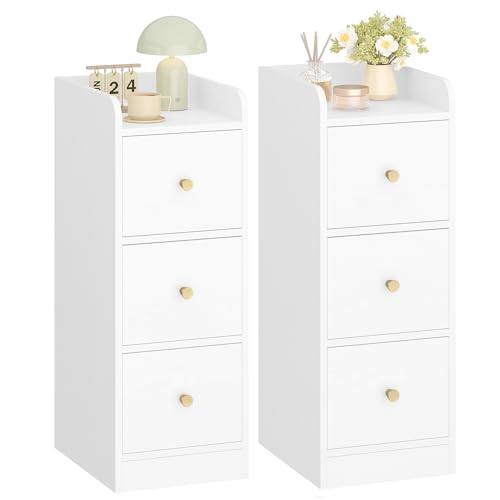 Hzuaneri Nachttisch Schmal, 2er Set, Beistelltisch mit 3 Schubladen, Nachttische mit Offenem Fach, für Schmale Räume Schlafzimmer, Wohnzimmer, 30 x 24 x 60 cm Weiß mit Holzmaserung NS32213X