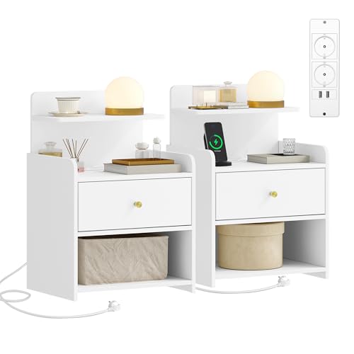 HEXCELEN Nachttisch 2er Set, Beistelltisch mit 1 Schublade und 2 Offenen Fächern, Nachtschrank, Sofatisch, Platzsparend, für Schlafzimmer, Wohnzimmer, Modern, Weiß