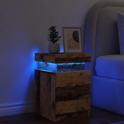 Homgoday Nachttisch mit LED antikes Holz 35 x 39 x 55 cm aus Spanplatte, Sideboard Schrank, Bodenschrank, Büromöbel, Nachttisch für Schlafzimmer