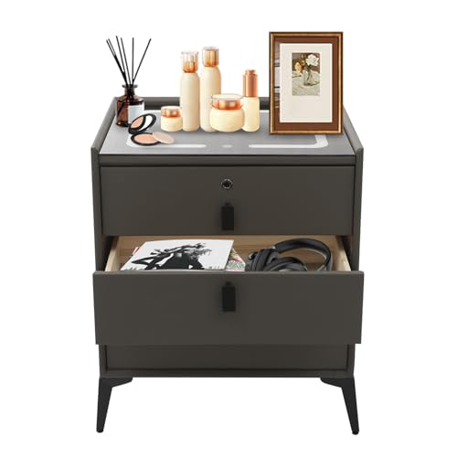 Xingfx Intelligenter Nachttisch mit Schubladen, Fingerabdruck-Sperre & Bluetooth-Lautsprecher – Moderner Beistelltisch mit 3 Schubladen, Dreifarbigem Licht, USB & Drahtlosem Aufladen, Bis 50kg