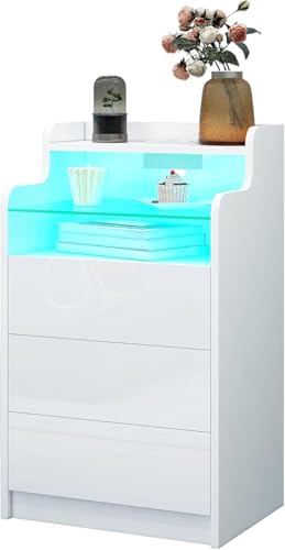 Nachttisch mit Steckdose, 3 Schubladen, moderner Nachttisch, Hochglanz-Front mit LED-Beleuchtung für Wohnzimmer, Schlafzimmer, Heim Möbel (Weiß)
