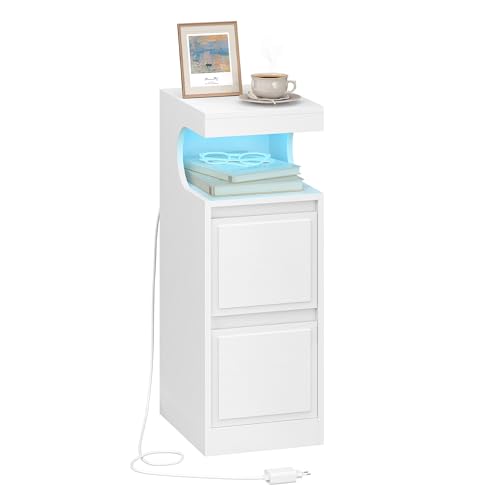 Hzuaneri Nachttisch mit LED, Beistelltisch mit 2 Schubladen, Nachttische mit U-förmigem offenen Fach, Verstellbares Licht, für Schlafzimmer, Wohnzimmer, 30 x 24 x 65 cm Weiß NS39113X