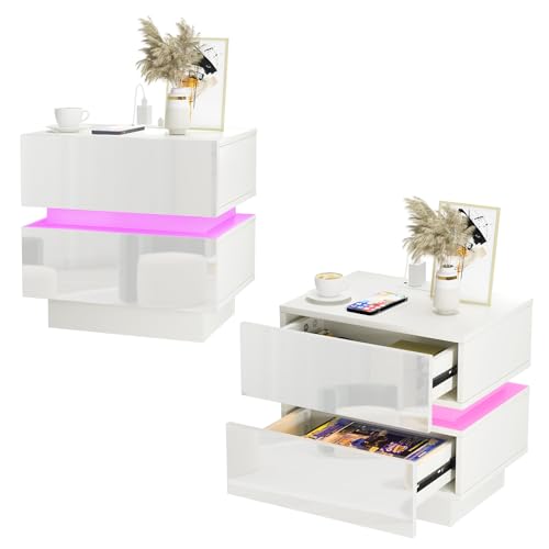 Nachttisch 2er Set, LED Nachttisch mit Ladestation, 2 Schubladen,2 AC-Steckdosen, 2 USB-Anschlüsse, Beistelltisch Nachtschrank für Schlafzimmer Wohnzimmer 45x35x46cm