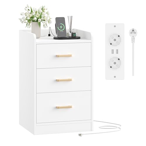 FirFurd Nachttisch mit Steckdose Beistelltisch Nachtschrank Kommode mit 3 Schubladen 2 AC-Steckdosen und 2 USB-Anschlüsse, für Schlafzimmer Wohnzimmer Arbeitszimmer, 40 x 38 x 66 cm weiß