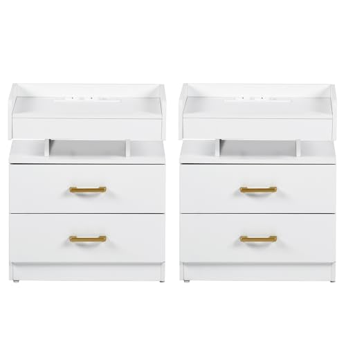Nachtschränkchen LED Ladefunktion, Schmal Nachtkasten/Beistelltisch /Nachtschrank Weiss/Nachttischschrank Klein Steckdose für Schlafzimmer 2er Set/Weiß/45x35x52.5cm(BT H)