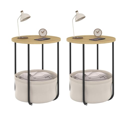 IDMarket - Set mit 2 Nachttischen, Beistelltischen, Sofa-Ende Detroit rund mit Korb aus Stoff, industrielles Design