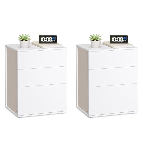 VASAGLE Nachttisch, 2er Set, Beistelltisch 3 Schubladen, Superschnelle werkzeuglose Montage, Nachtschrank, Schlafzimmer, Wohnzimmer, Toolless-Technologie, mattweiß-cappuccinobeige LET779W01