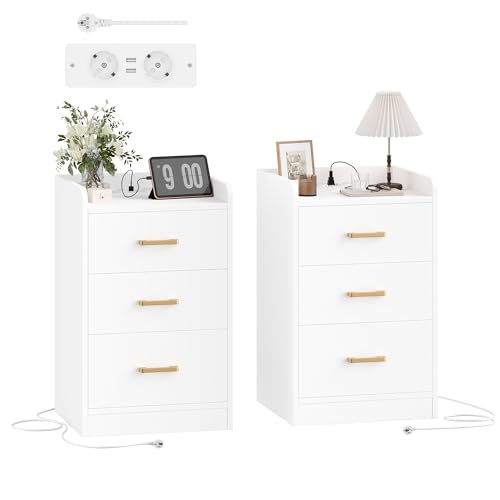 FirFurd Nachttisch 2er Set mit Steckdose Beistelltisch Nachtschrank Kommode mit 3 Schubladen 2 AC-Steckdosen und 2 USB-Anschlüsse, für Schlafzimmer Wohnzimmer Arbeitszimmer, 40 x 38 x 66 cm weiß