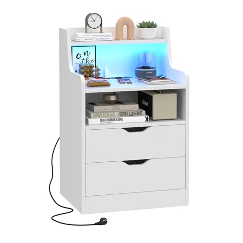 Lvhecforhm Nachttisch mit LED-Beleuchtung, Nachttisch mit Steckdose, USB Anschlüssen, Modern Nachtschrank mit 2Schubladen und Offenem Ablagefach, Weiß Nachttisch 45x35x73cm für Schlafzimmer Wohnzimmer