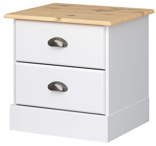 Loft24 Lorca Nachtkommode Nachttisch Nachtschrank Landhaus Kiefer Holz MDF Metallgriff, 2 Schubladen, 44x38,5x43 cm (weiß & Natur)
