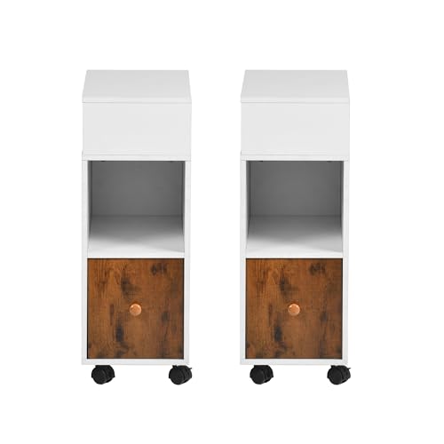 Telefontisch Schmal Nachtschränkchen Beistelltisch Bett mit Schublade Stauraum und Rollen, Schmaler Nachtkasten/Nachttischsch rank/Nachtschrank Weiss/Nachttisch Klein 2er Set/Weiß/25x50x68cm(BTH)