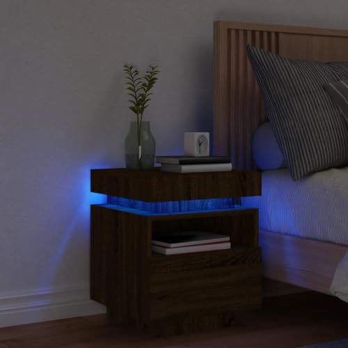 HaoChrymec Nachttisch mit LED-Leuchten, Holzwerkstoff, RGB-LED-Beleuchtung, 2 Schubladen, Beistelltisch für Schlafzimmer und Wohnzimmer, Kommode mit Schubladen, Braun Eichen-Optik, 40x39x48.5 cm