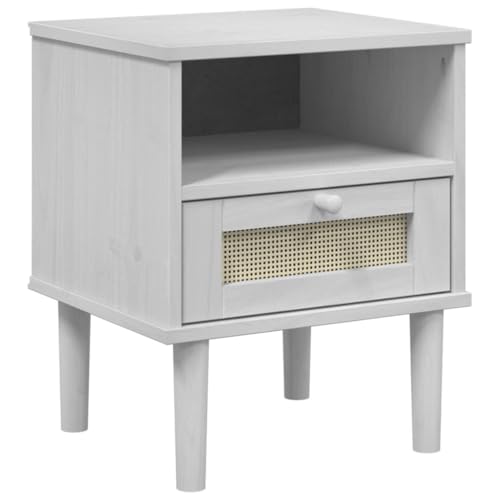 vidaXL Nachttisch, Nachtschrank Rattan-Look, Nachtkommode mit Stauraum für Schlafzimmer, Nachtkonsole Beistelltisch, Weiß Massivholz Kiefer