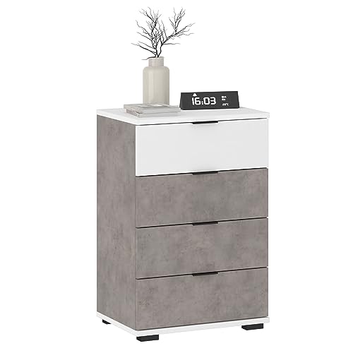 CARO-Möbel Nachttisch Piano Beton Optik/weiß, Nachtkommode für Boxspringbetten, Nachtschrank mit 4 Schubladen und Griffen aus Kunststoff, Korpus aus MDF/Spanplatte