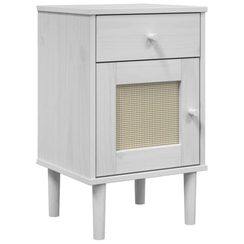 vidaXL Nachttisch, Nachtschrank Rattan-Look, Nachtkommode mit Stauraum für Schlafzimmer, Nachtkonsole Beistelltisch, Weiß Massivholz Kiefer