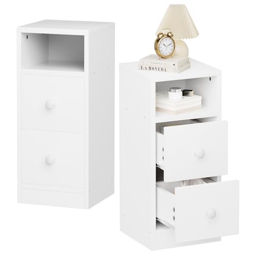 LEADZM Nachttisch 2er Set,Schmal Nachtschrank mit Stauraum für Schlafzimmer, Beistelltisch mit 2 Schubladen, Kommode mit 1 Ofenes Fach, Wohnzimmer, 25 x 30 x 60 cm (2, Weiß)