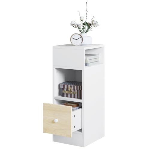 EUGAD, schmal, 2 offenen Ablagen und 1 Schublade, 25x66x30 cm, Nachtschrank im Schlafzimmer, Nachtkästchen aus Holzwerkstoff, Weiß Eiche, 0011CTG