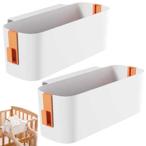 2 Stücke Bett Organizer Zum Einhängen mit Abnehmbaren Haken, Hängebett Aufbewahrungskorb aus Hochwertigem PP-Kunststoff, Multifunktionaler Nachttisch Organizer für Handy, Babybett, Büro, Orange