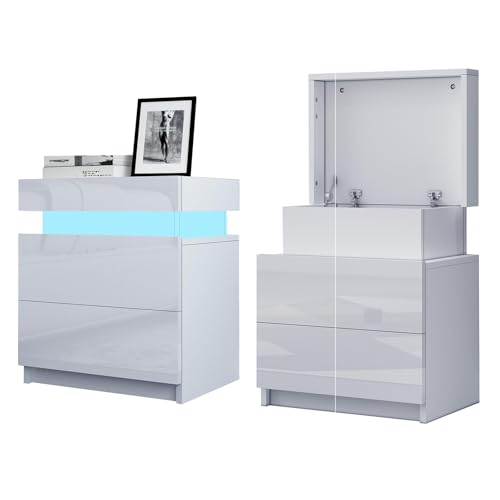 Komtopod 2er Set Weiß Nachttisch Moderner LED Licht Nachtschrank Hochglanzfront Nachttische Beistelltisch mit 2 Schubladen Flip Cover für Schlafzimmer