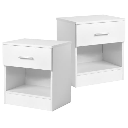 Bonnlo Nachttisch 2er Set, Kleiner Beistelltisch Weiß, Nachtschrank mit Schubladen, Nachtkommode Boxspringbetten, Nachttische 30cm breit Schlafzimmer, 39 x 29x 41 cm