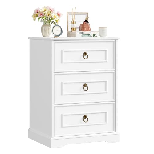 FOREHILL Nachttisch Nachtschrank mit 3 Schubladen, Nachtkommode Boxspringbett Beistelltisch für Schlafzimmer, Wohnzimmer im Landhausstil 45,5x38x64 cm, Weiß