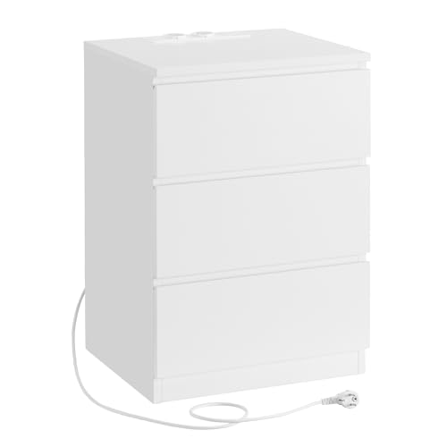 VASAGLE Nachttisch, Beistelltisch, 3 Schubladen, abgeschrägte Kante, 2 AC Steckdosen, 2 USB Anschlüsse, Wohnzimmer, Schlafzimmer, Arbeitszimmer, modern, wolkenweiß LET631W14