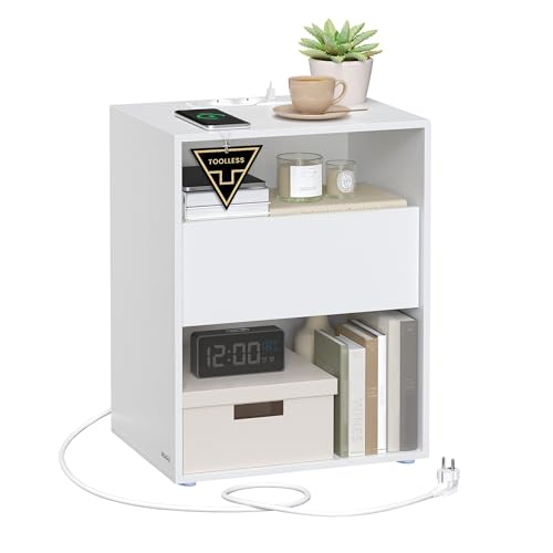 VASAGLE, Toolless Technologie, superschnelle werkzeuglose Montage, Beistelltisch Ladefunktion, Nachtschrank Schublade,, mattweiß LET777W04