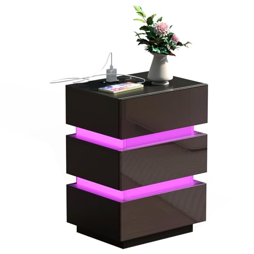 Chleby Modern Hochglanz-Nachttisch Schwarz Nachttische Kommode Beistelltische mit 3 Schubladen für Schlafzimmer, Wohnzimmer