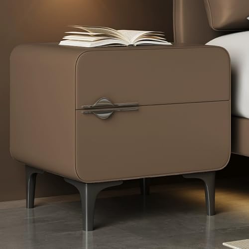Moderner Nachttisch aus Holz mit Leder-Finish, 2 leisen Schubladen, schicker Nachttisch und platzsparender Beistelltisch für Schlafzimmer und Wohnzimmer (Braun, 45 cm)