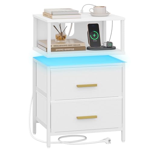 HEXCELEN Nachttisch, Beistelltisch, Beistelltisch mit 2 Stoff-Schubladen und Regalen, Nachtschrank Schlafzimmer, für Schlafzimmer, Wohnzimmer, Modern, 30,1 x 40,2 x 62,1 cm, Weiß
