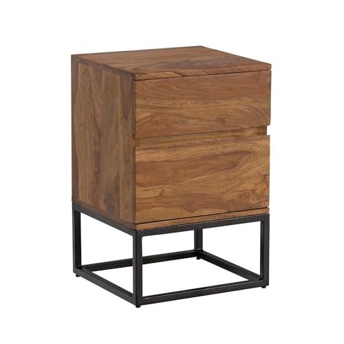 FineBuy Nachttisch Sheesham Massivholz Metall 40x38x60 cm Nachtschrank Boxspringbett, Design Nachtkonsole mit 2 Schubladen, Nachtkommode Industrial mit Stauraum
