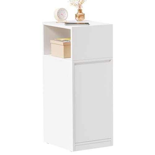 BEWISHOME Nachttisch, Schmal, Beistelltisch mit Einer Tür, Mit offenem Fach und höhenverstellbarer Trennwand, 65x25x30cm, für Schlaf Wohnzimmer, Weiß EFCG03W